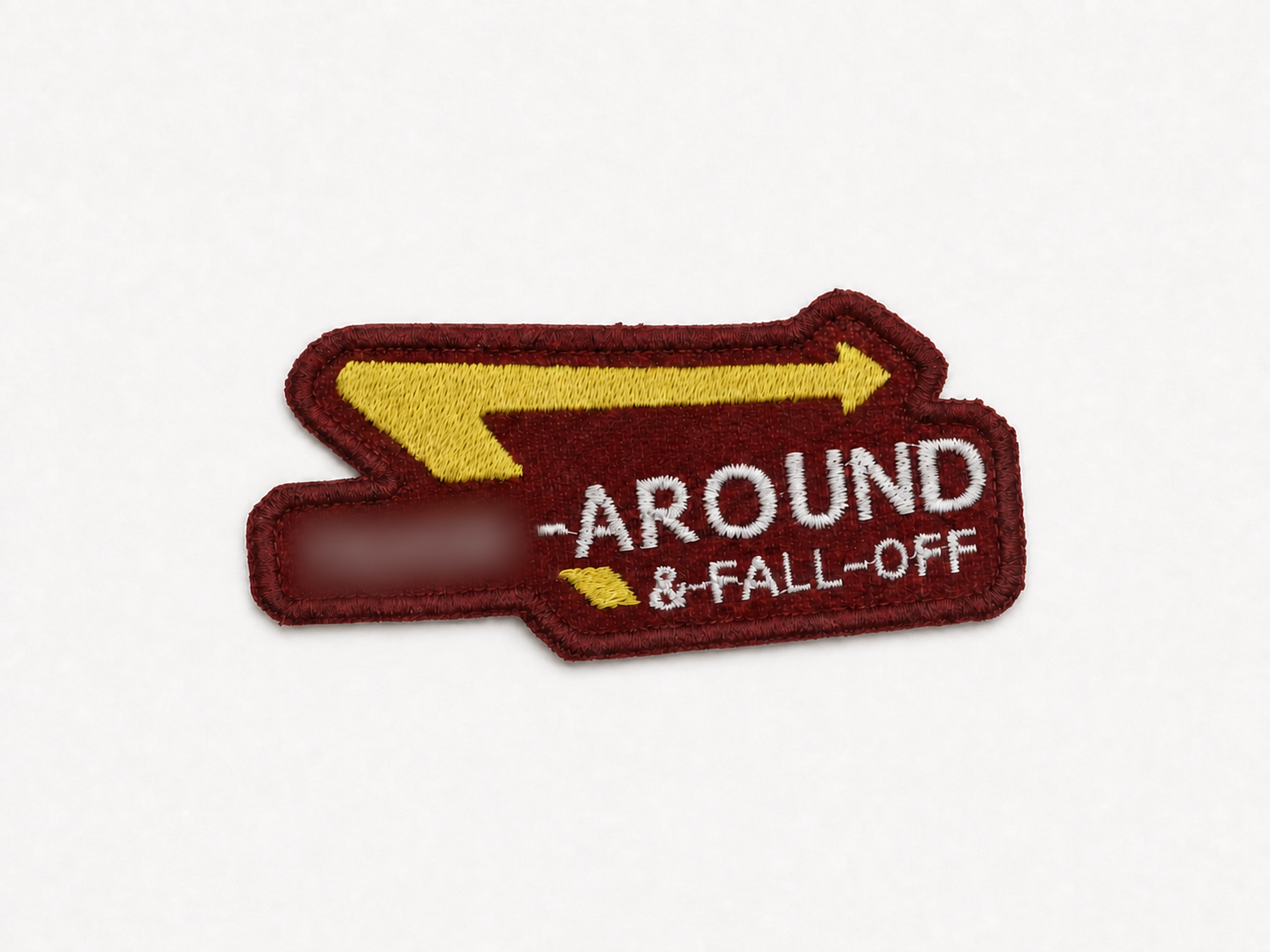 Custom embroidered directional cosplay patch with one word strongly blurred, made for a Colorado customer