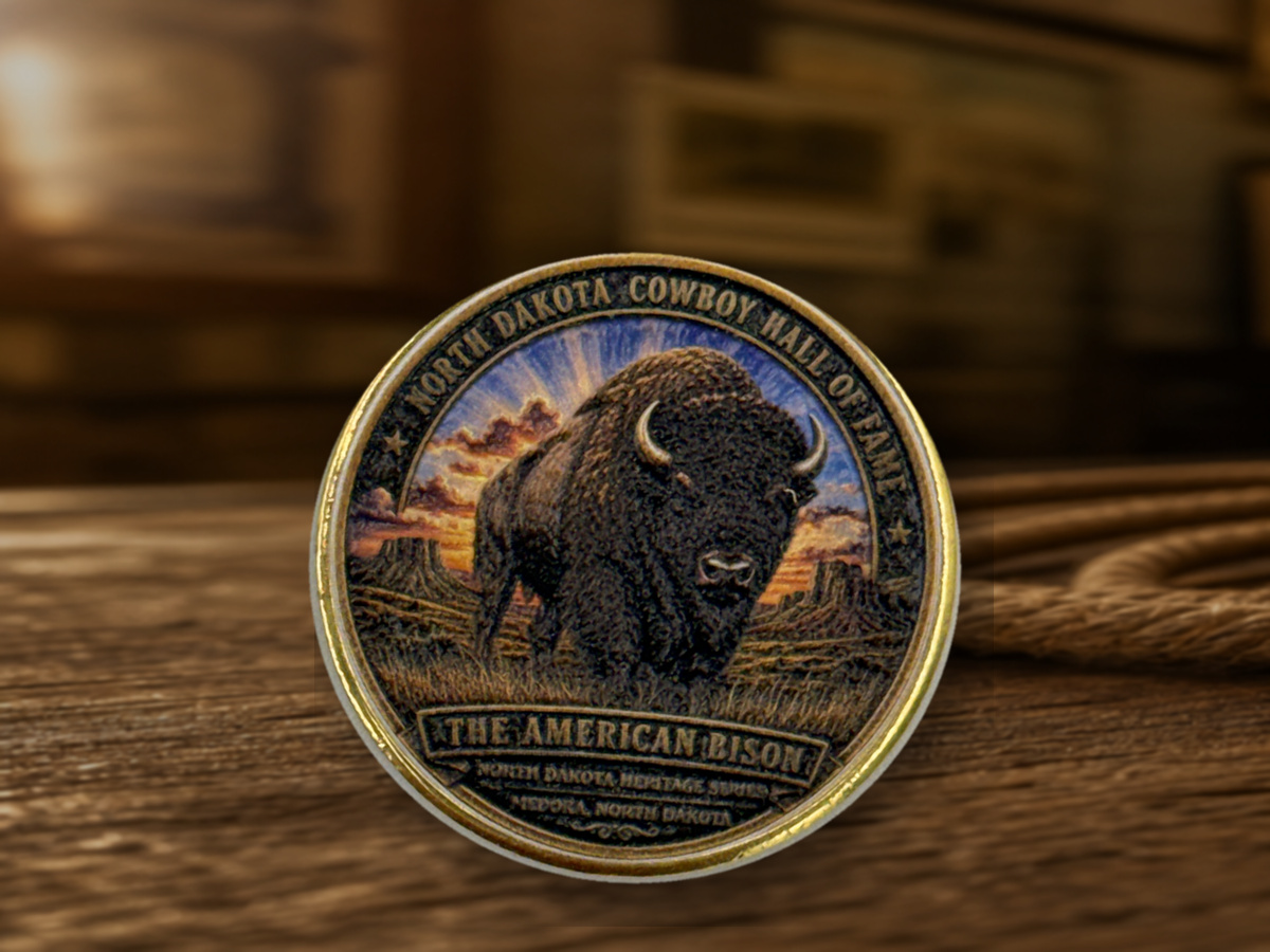 Finished full-color bison challenge coin
