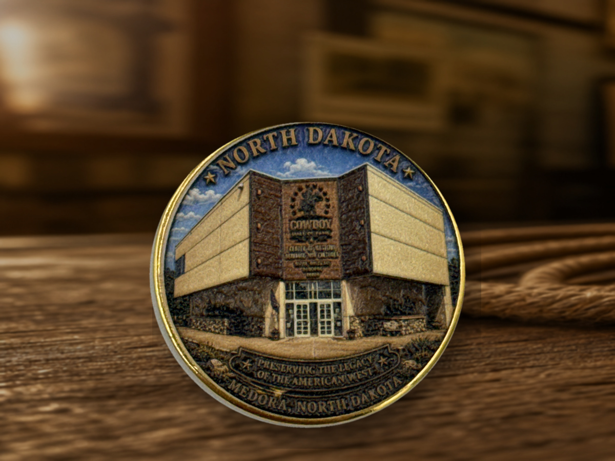North Dakota Cowboy Hall of Fame building coin in a Western lifestyle setting