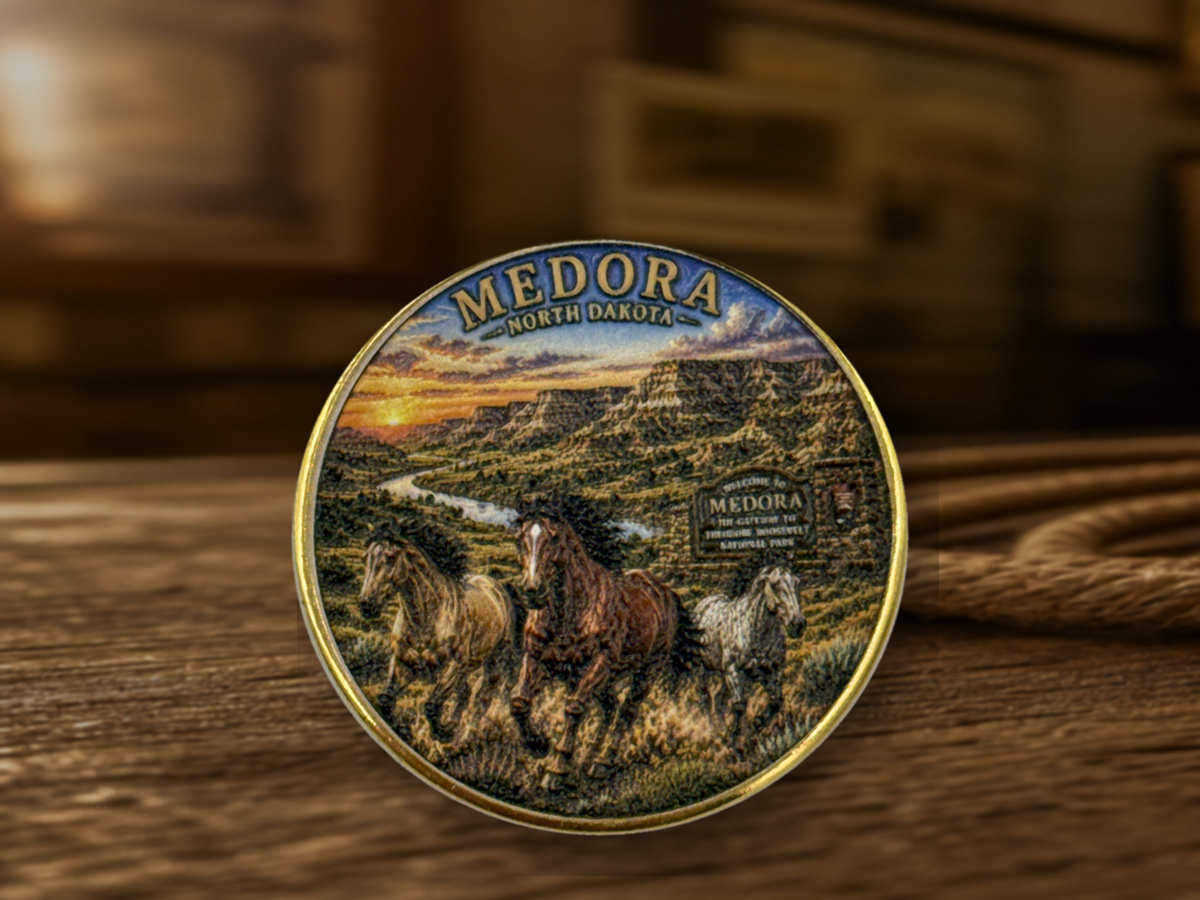 Finished full-color Medora challenge coin