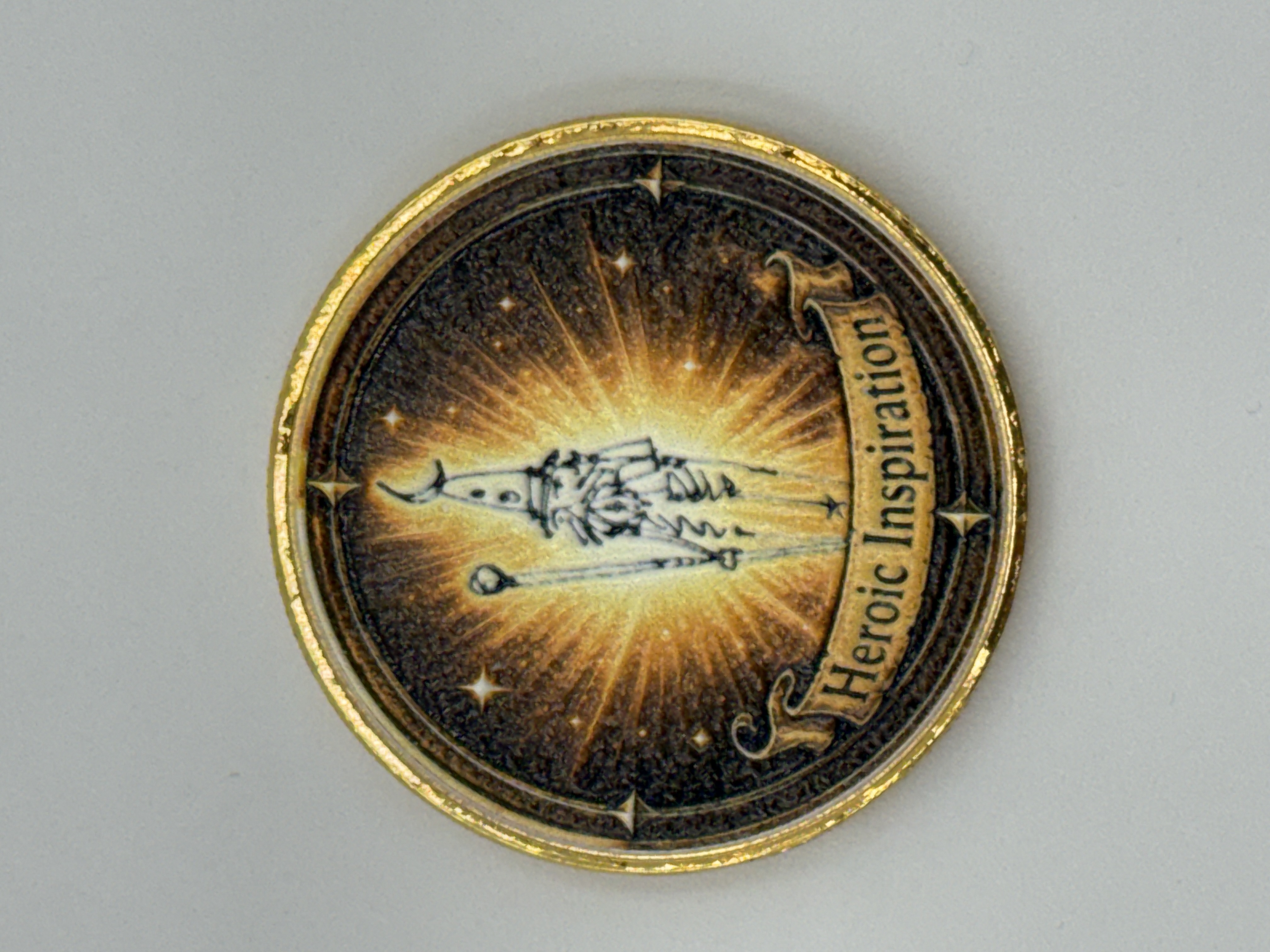Close view of a finished full-color fantasy coin
