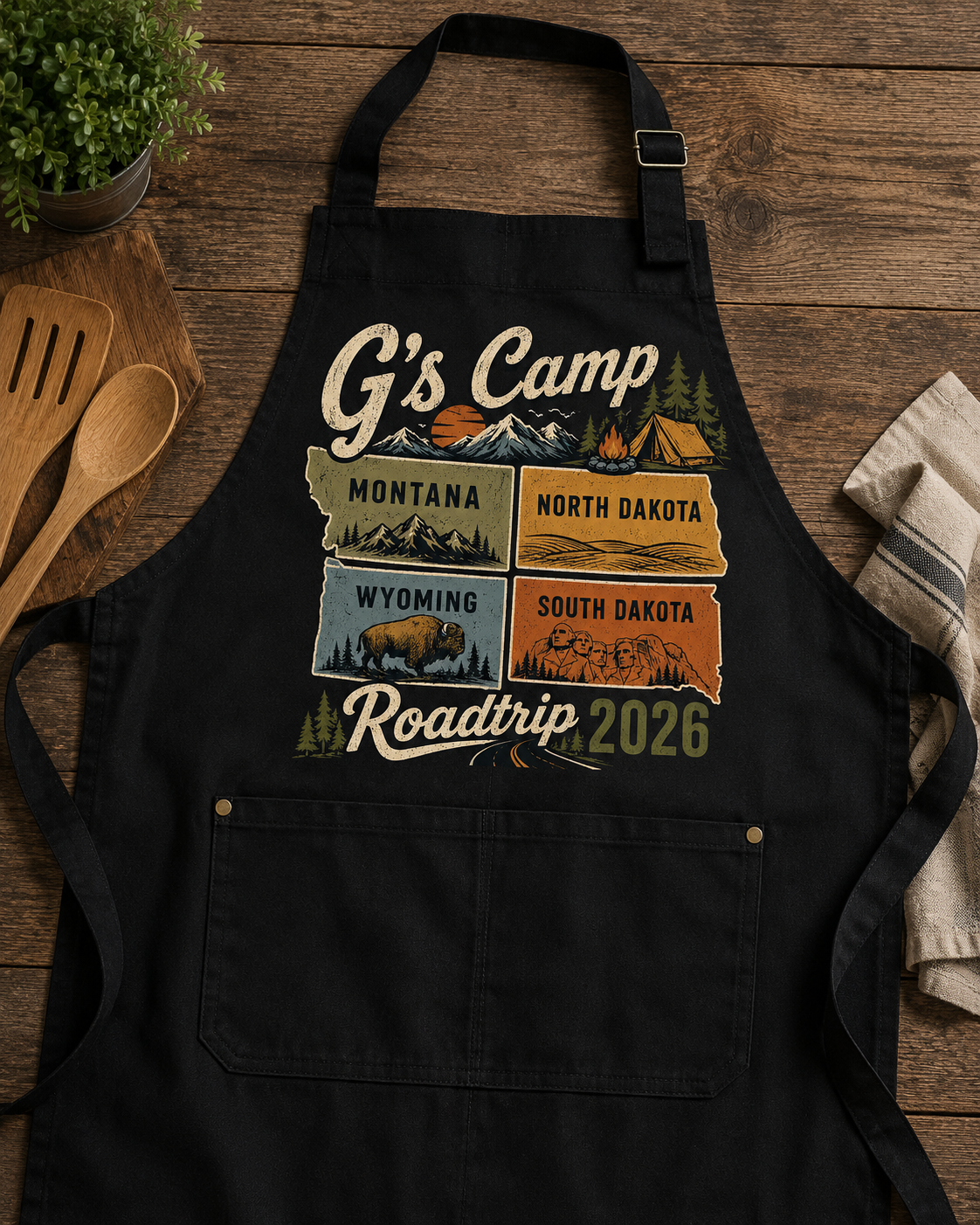 Finished full-color G’s Camp Roadtrip apron made by NoDak Threads