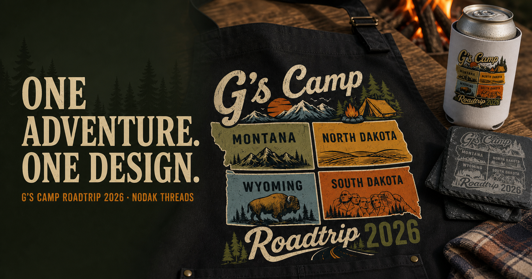 Finished G’s Camp Roadtrip collection with a custom apron, can cooler, and slate coasters