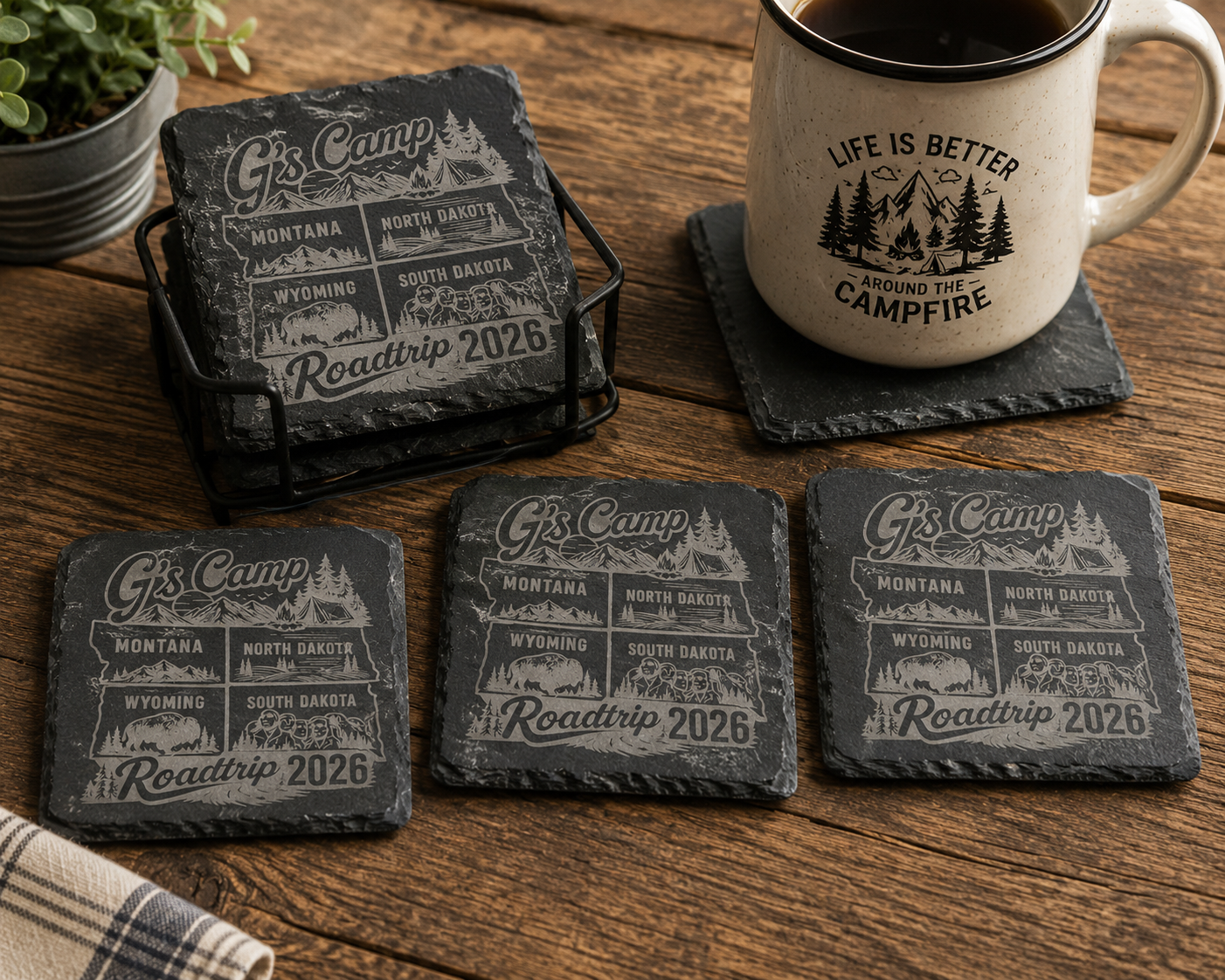 Finished laser-engraved slate coaster set