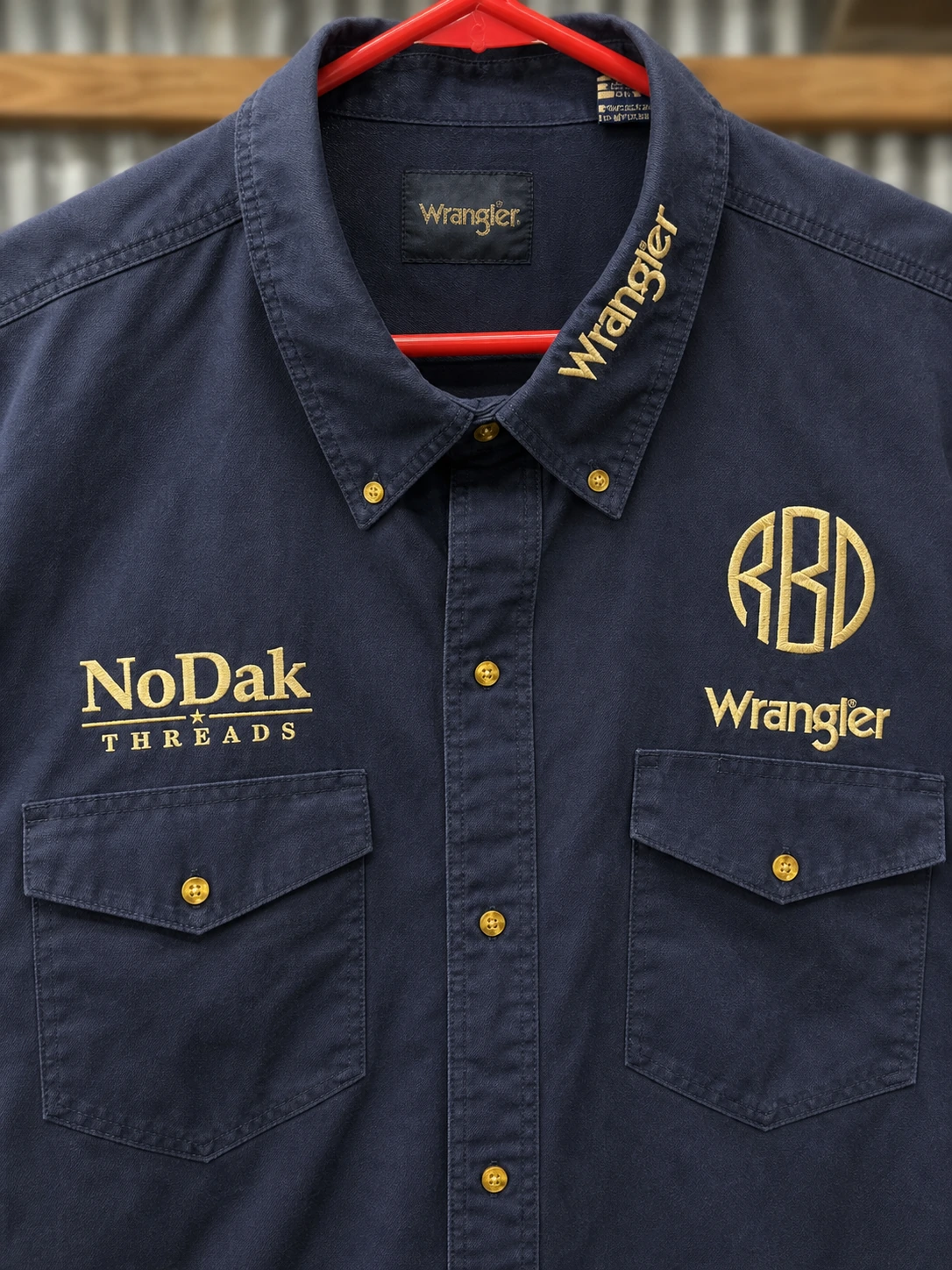 Navy western shirt with gold RBD and NoDak Threads chest embroidery