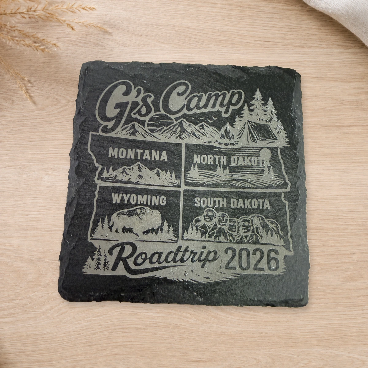 Engraved slate keepsake for a family road trip