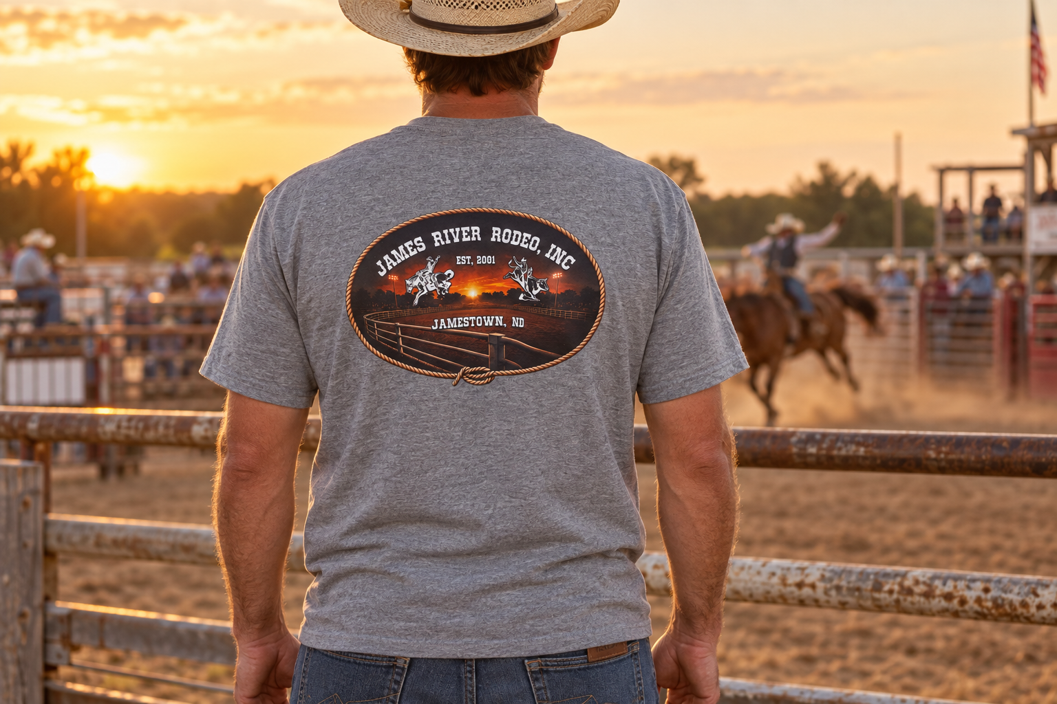 Man wearing a gray James River Rodeo shirt beside a rodeo arena at sunset