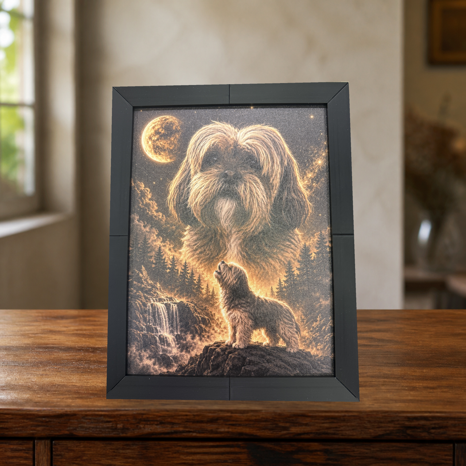 Framed UV-printed dog artwork with golden moonlit scenery in an edited lifestyle setting