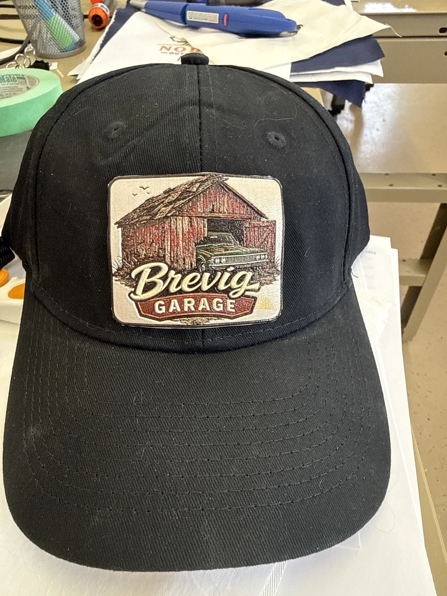Finished Brevig Garage hat with a UV printed patch