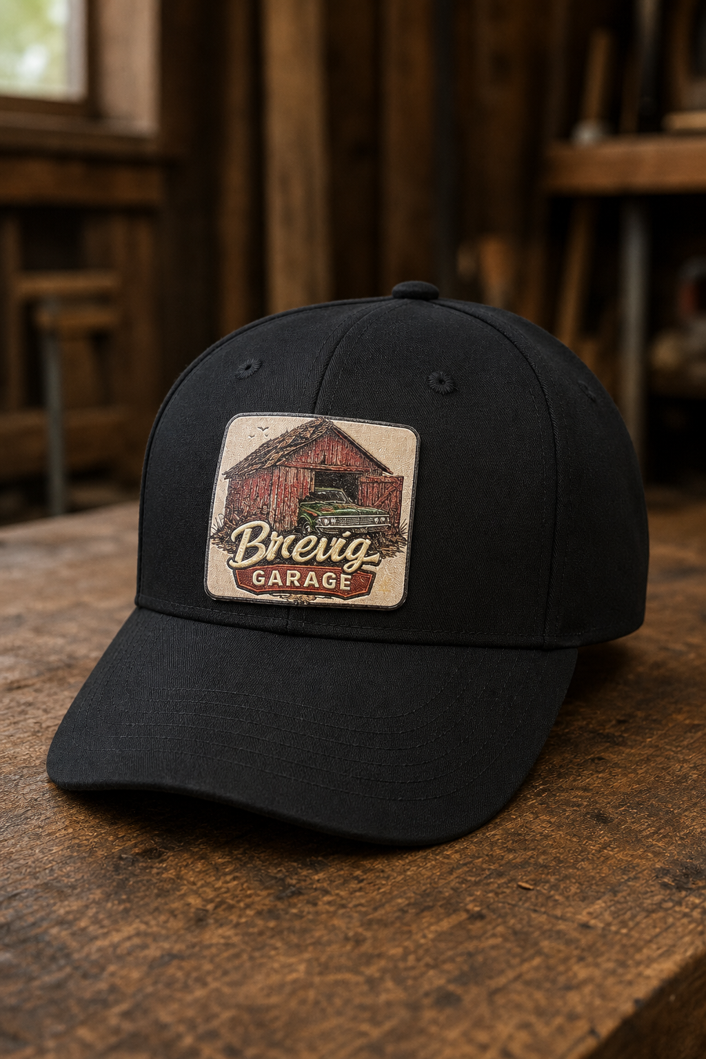 Black hat with a Brevig Garage UV-printed patch
