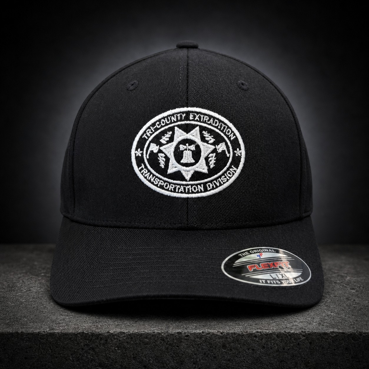 Black Tri-County Extradition Transportation Division hat with white embroidery