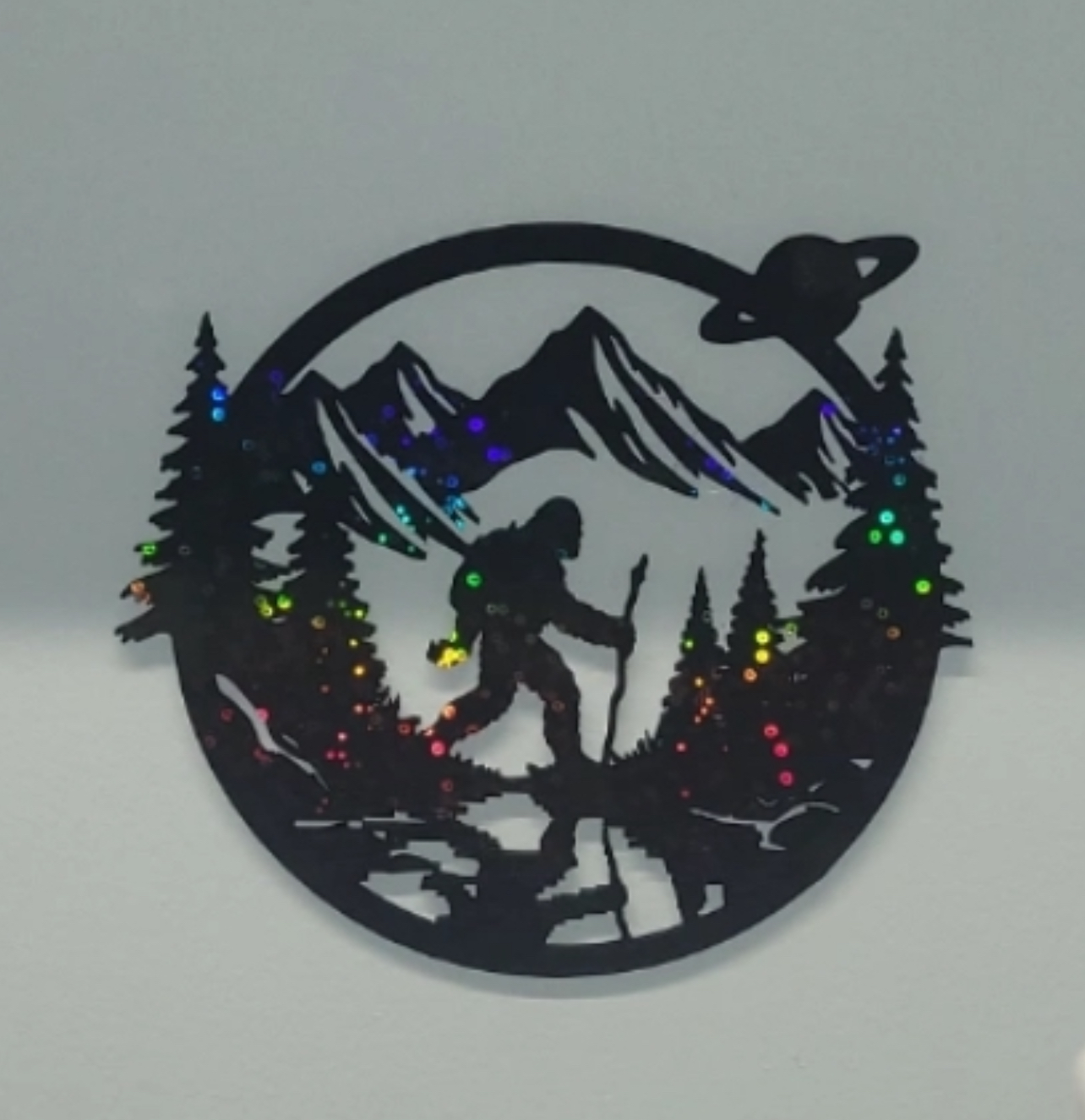 3D printed Bigfoot mountain scene with colorful LED lights