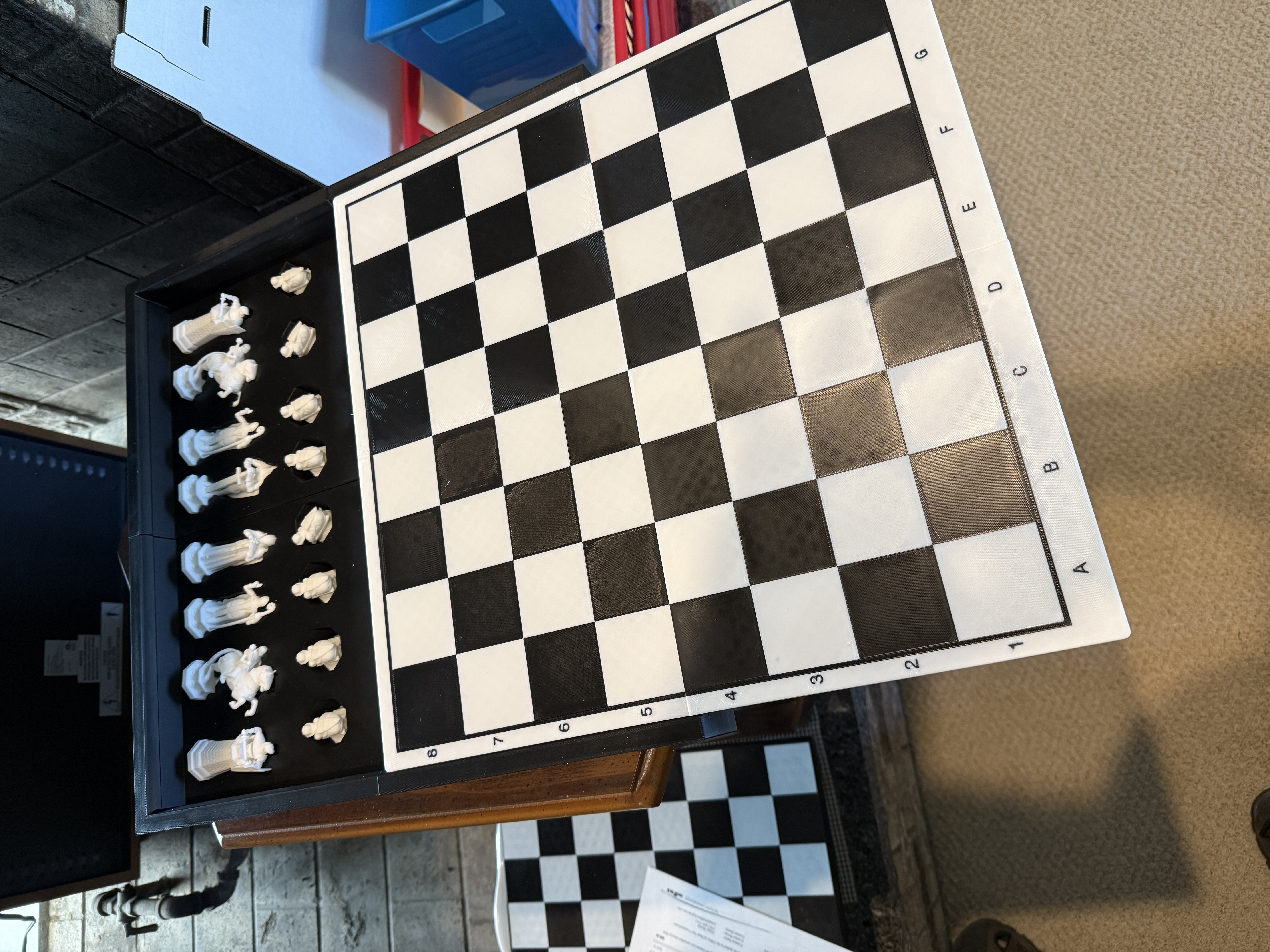 Custom 3D printed chess board with storage tray open