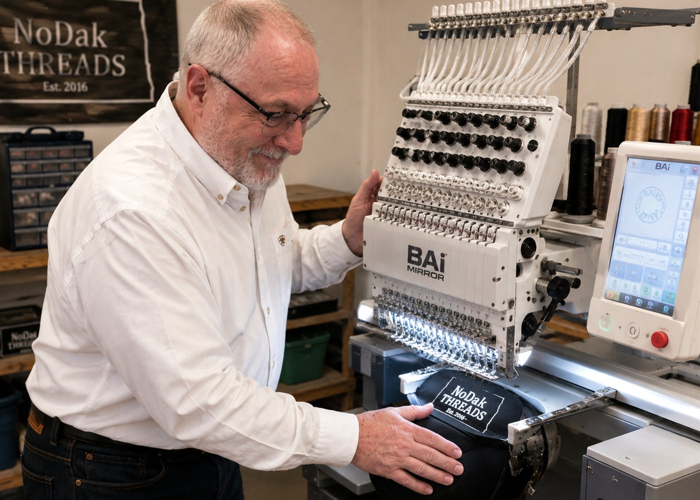 Embroidery being produced in the NoDak Threads shop